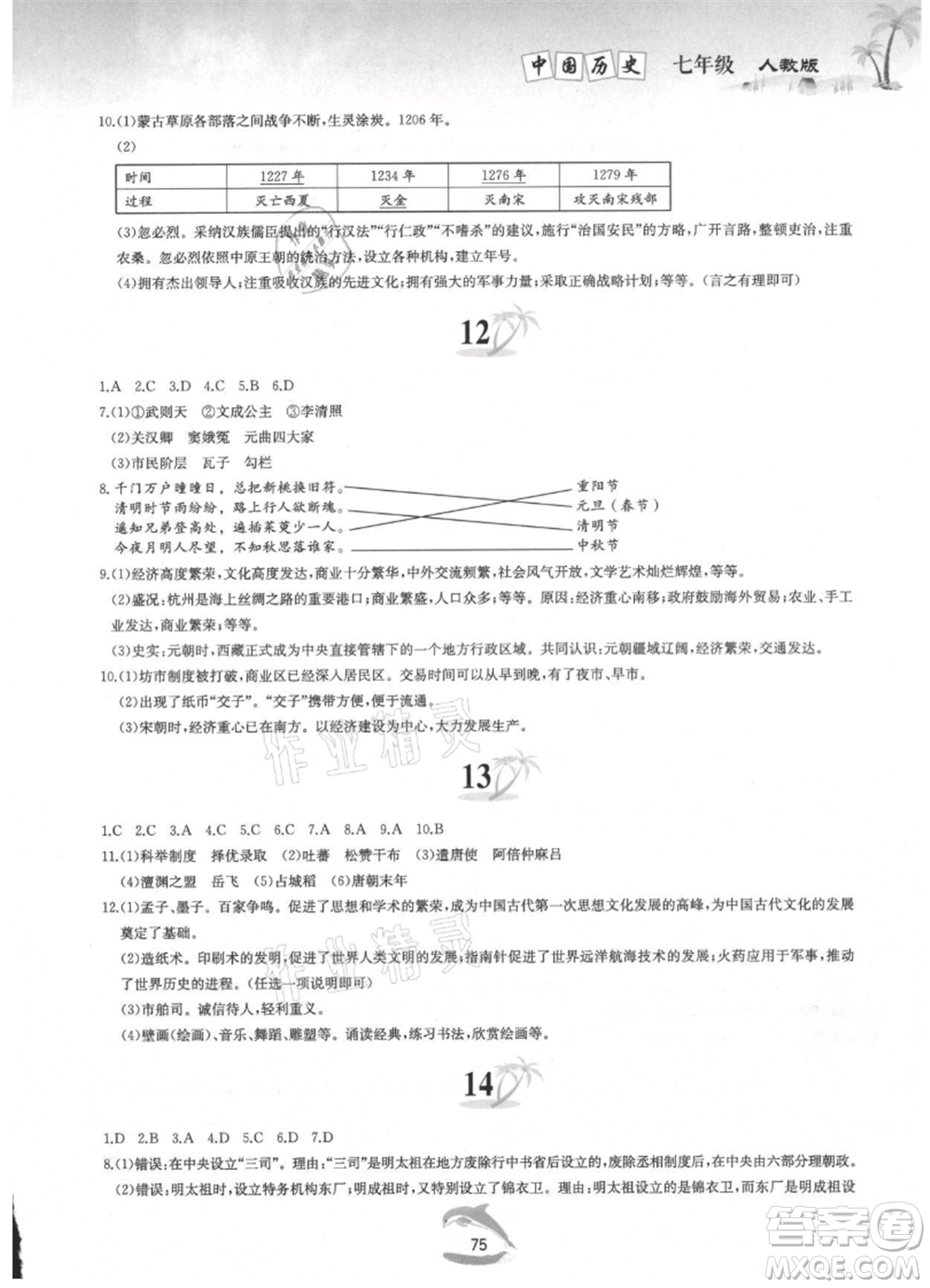 黃山書社2021暑假作業(yè)七年級(jí)中國(guó)歷史人教版參考答案