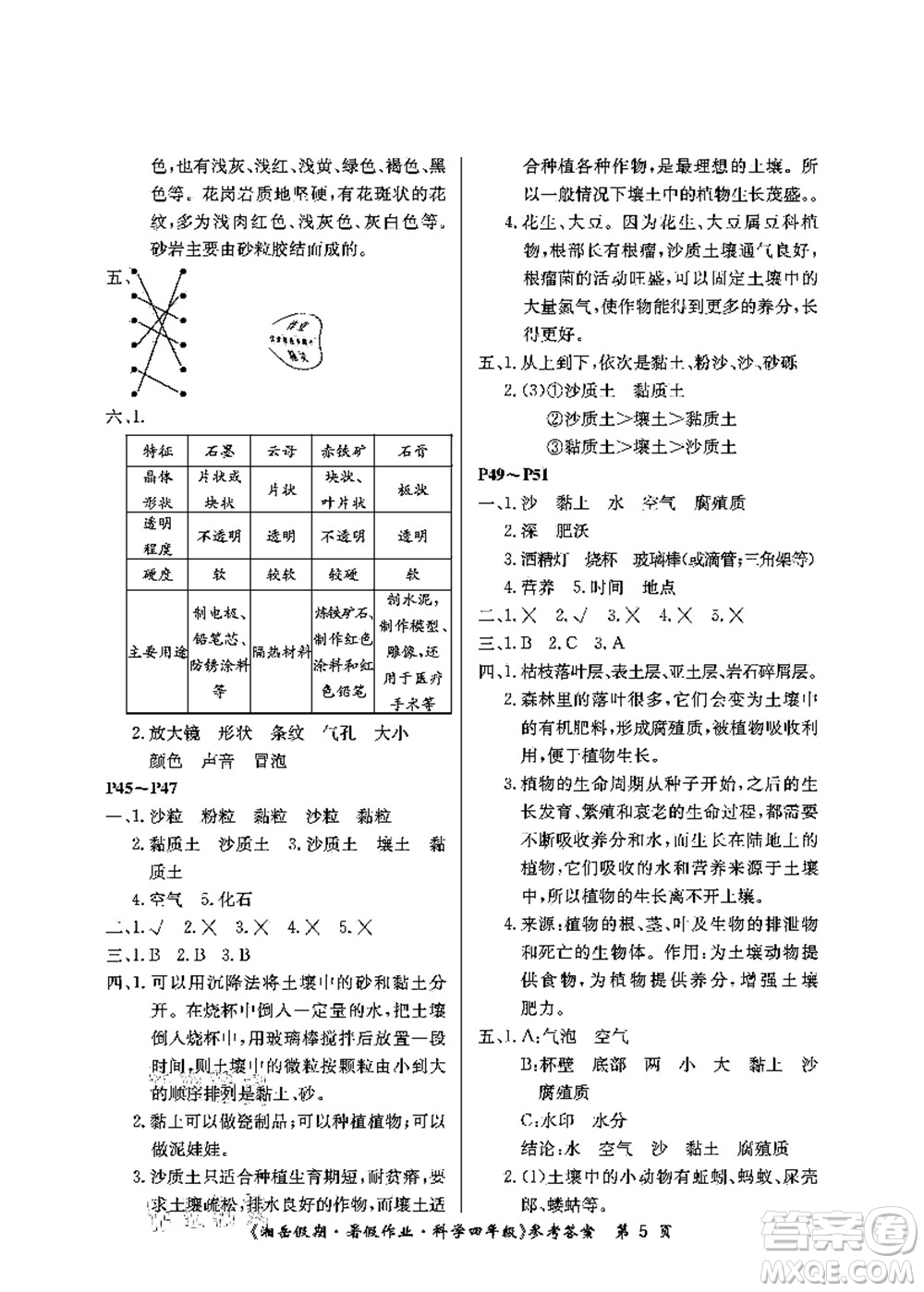 湖南大學出版社2021湘岳假期暑假作業(yè)四年級科學第三版教科版答案