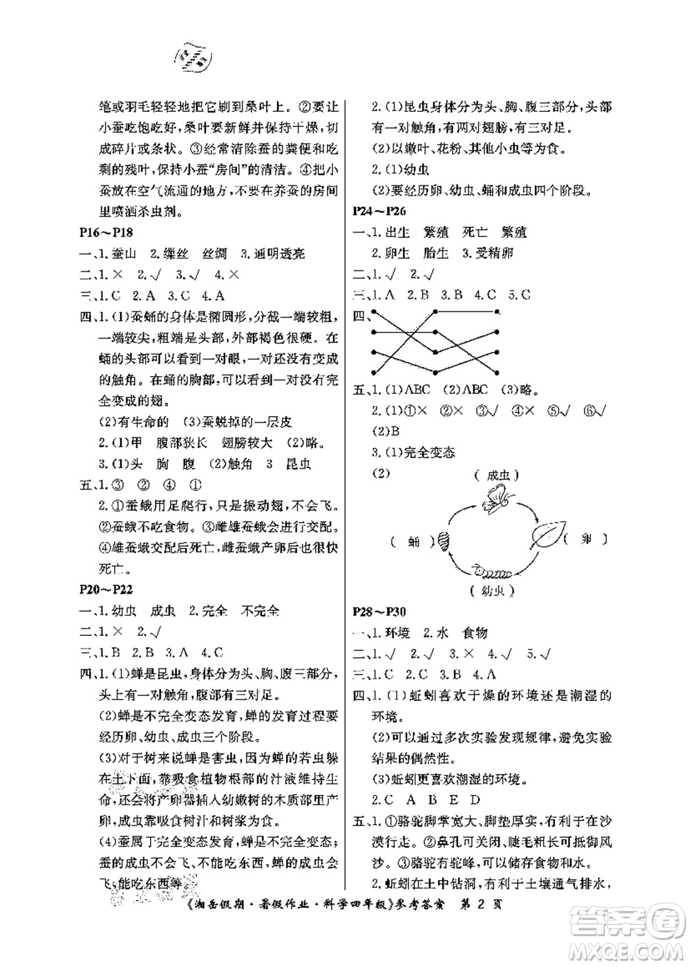 湖南大學出版社2021湘岳假期暑假作業(yè)四年級科學第四版湘科版答案