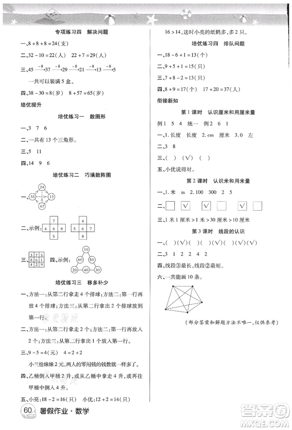 武漢大學(xué)出版社2021培優(yōu)小狀元暑假作業(yè)一年級數(shù)學(xué)人教版參考答案