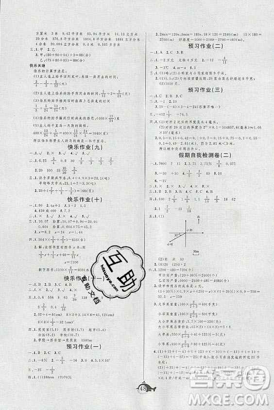 新疆文化出版社2021智多星假期作業(yè)快樂暑假數(shù)學(xué)六年級(jí)人教版答案