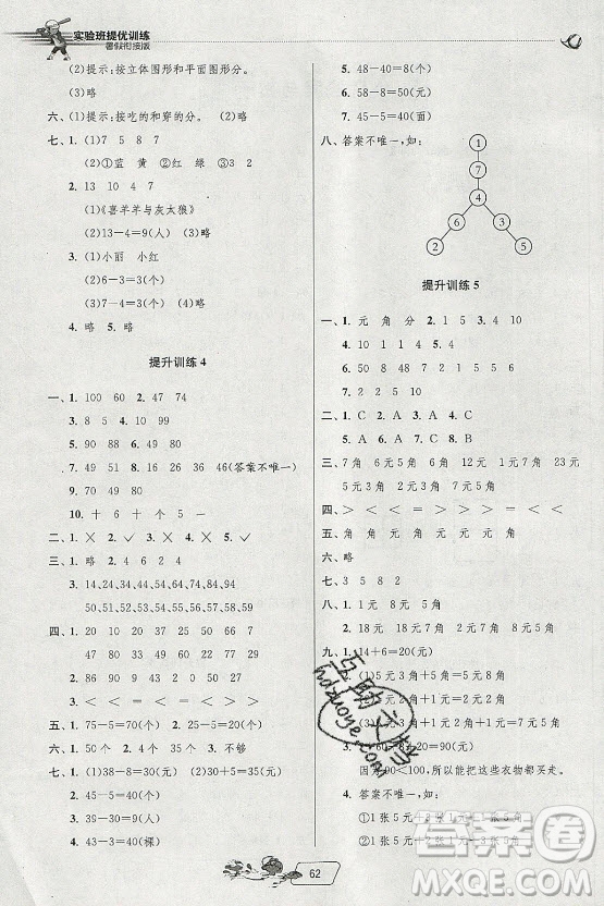 江蘇人民出版社2021實驗班提優(yōu)訓(xùn)練暑假銜接數(shù)學(xué)一升二年級RMJY人民教育版答案