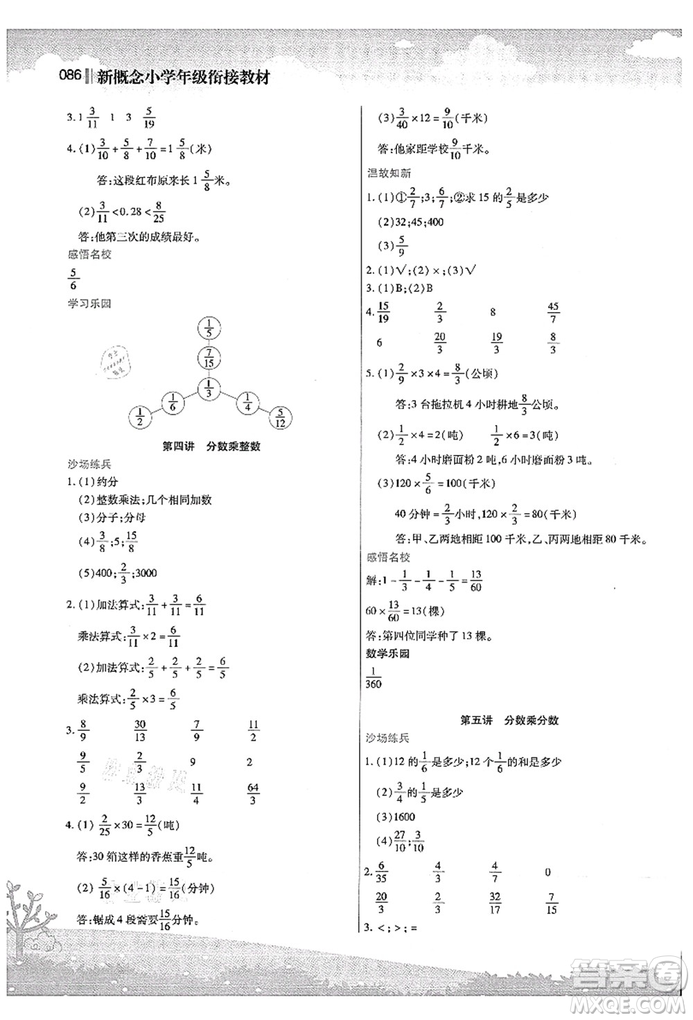 江蘇鳳凰美術(shù)出版社2021新概念小學(xué)年級(jí)銜接教材5升6年級(jí)數(shù)學(xué)答案