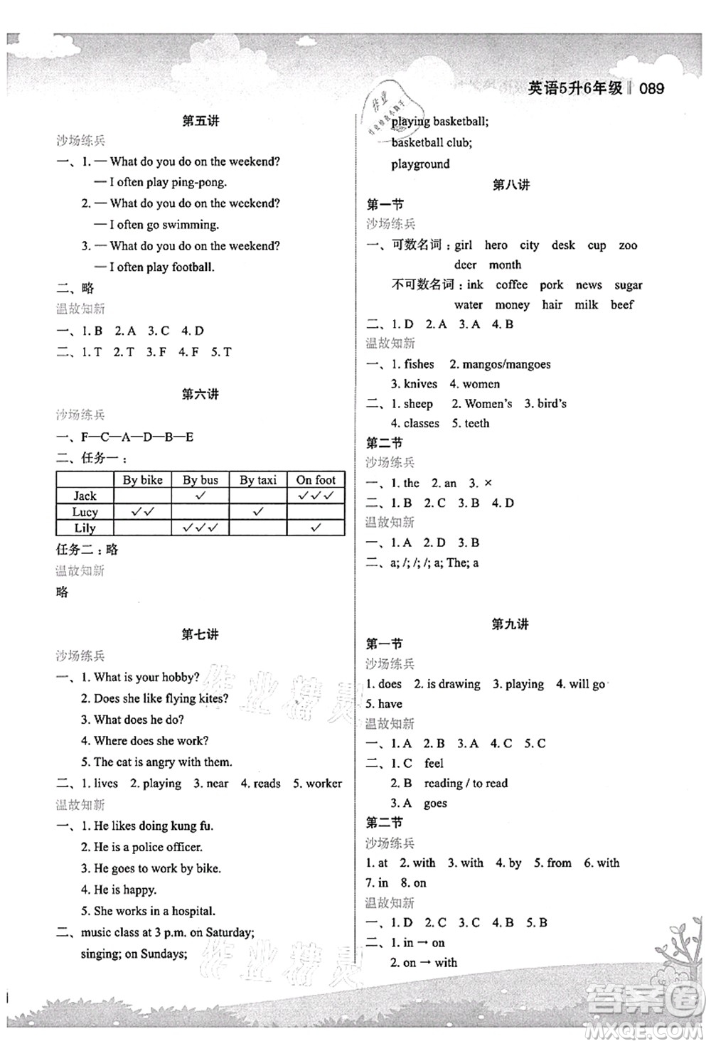 江蘇鳳凰美術(shù)出版社2021新概念小學(xué)年級(jí)銜接教材5升6年級(jí)英語答案