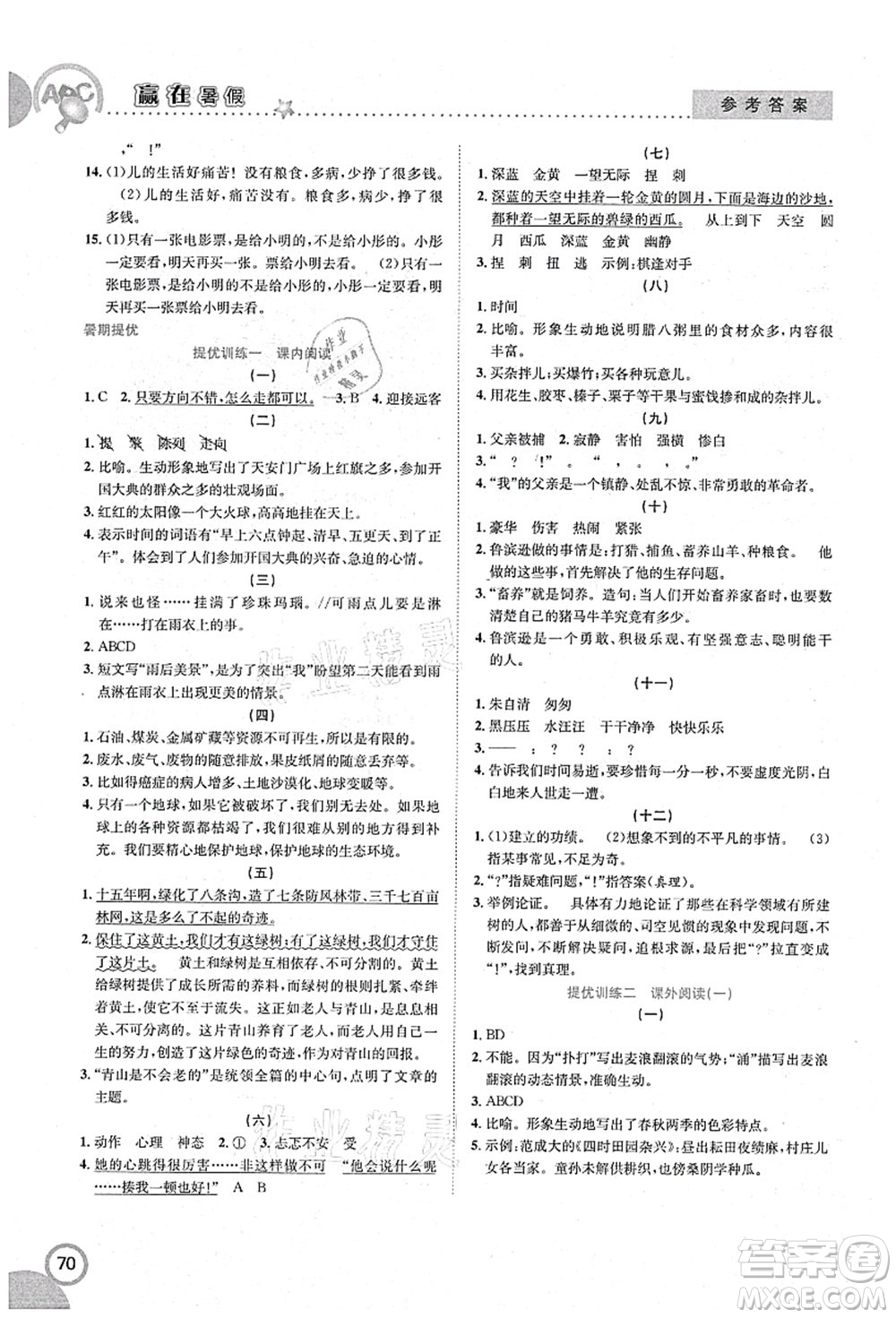 合肥工業(yè)大學(xué)出版社2021贏在暑假銜接教材六年級(jí)語(yǔ)文人教版答案