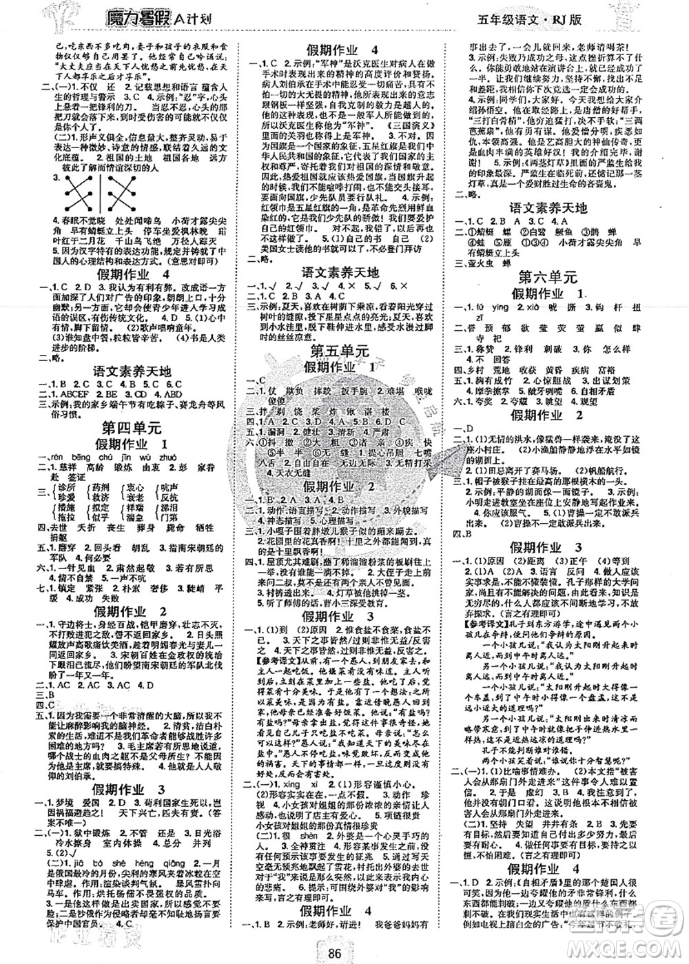 江西美術(shù)出版社2021魔力暑假A計(jì)劃五年級(jí)語文RJ人教版答案