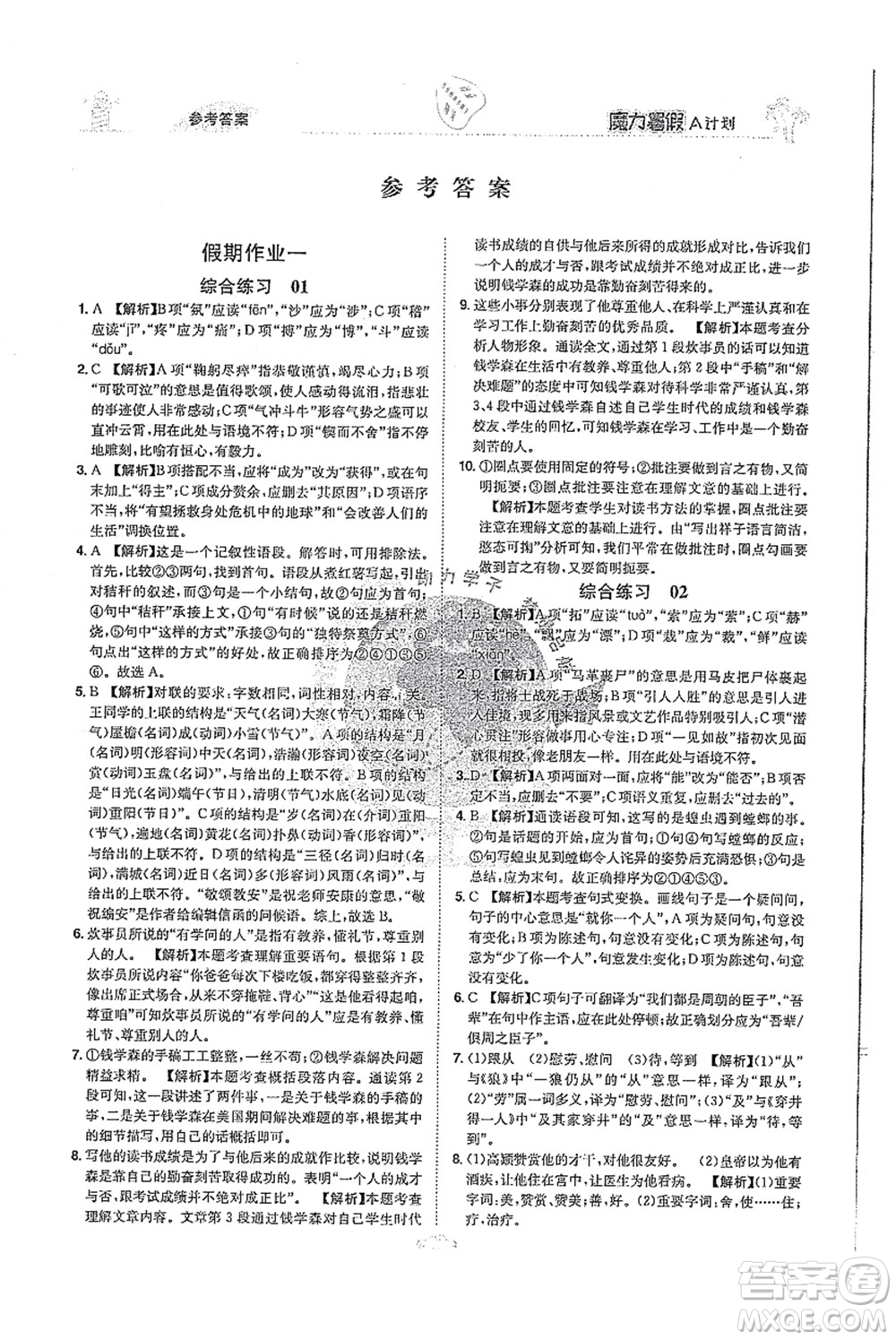 江西美術(shù)出版社2021魔力暑假A計劃七年級語文RJ人教版答案