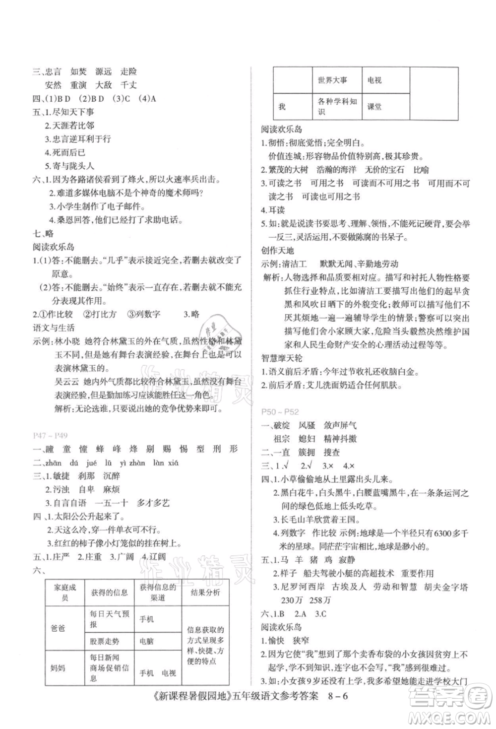 新疆科學(xué)技術(shù)出版社2021新課程暑假園地五年級語文參考答案