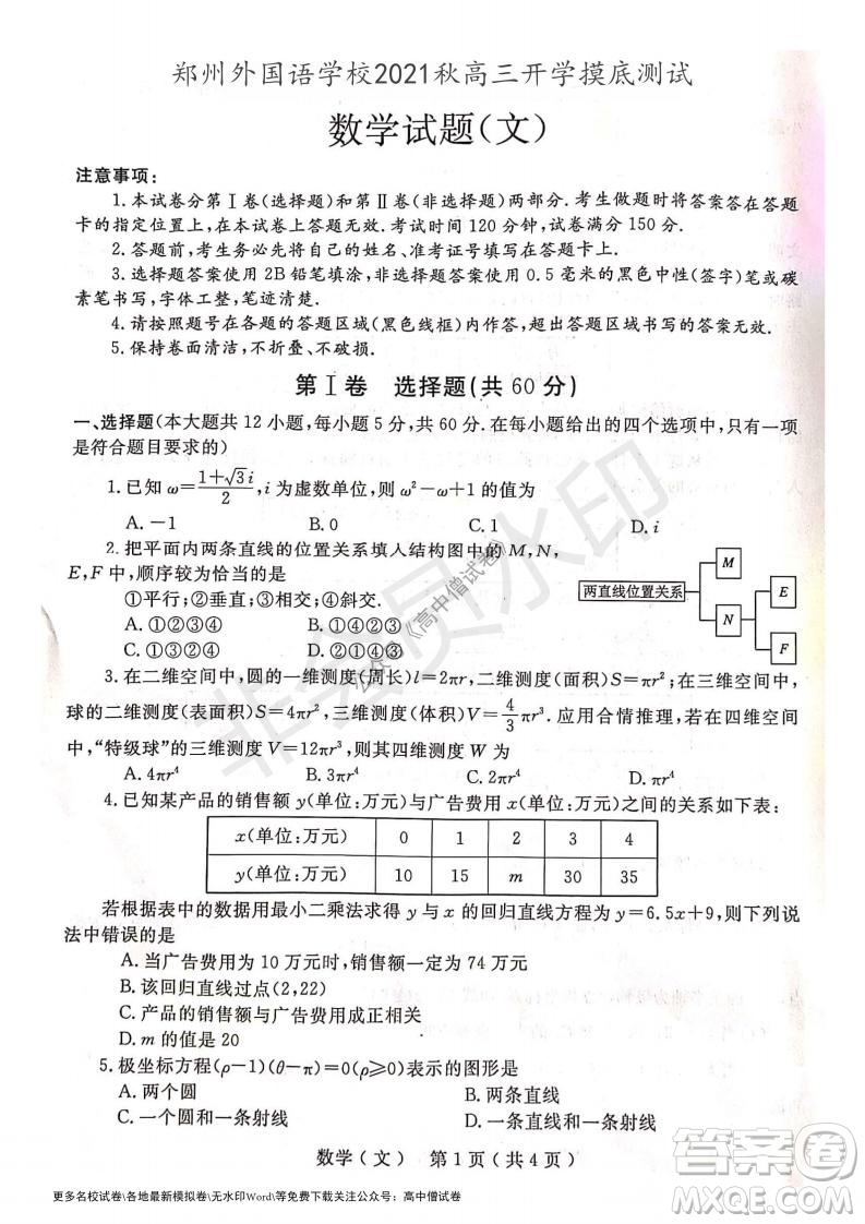 河南省鄭州外國語學(xué)校2021-2022學(xué)年高三開學(xué)摸底測試文科數(shù)學(xué)試題及答案