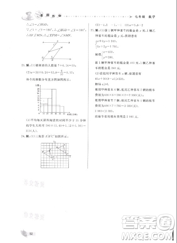 內(nèi)蒙古人民出版社2021暑假作業(yè)數(shù)學(xué)七年級(jí)人教版答案