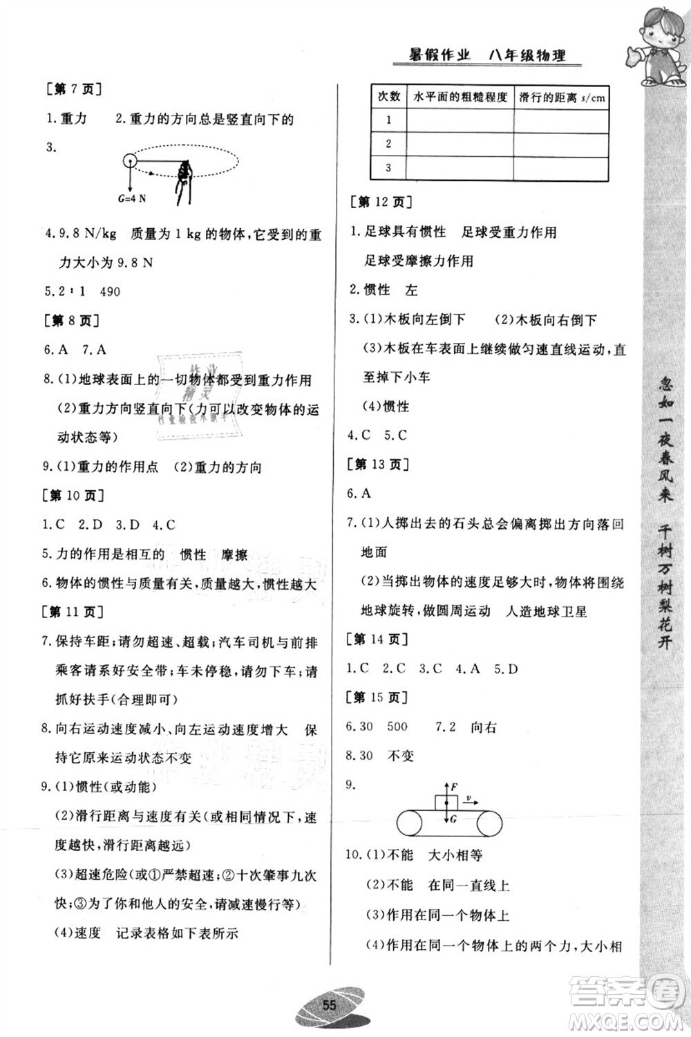 華中科技大學出版社2021暑假作業(yè)八年級物理答案