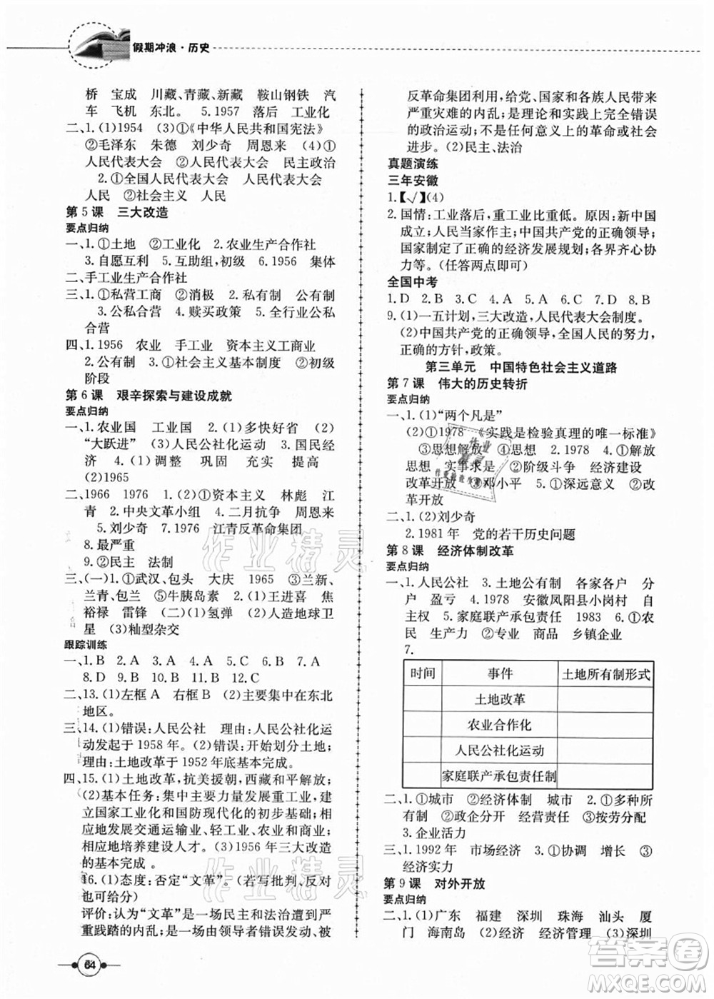 合肥工業(yè)大學出版社2021假期沖浪八年級歷史人教版答案