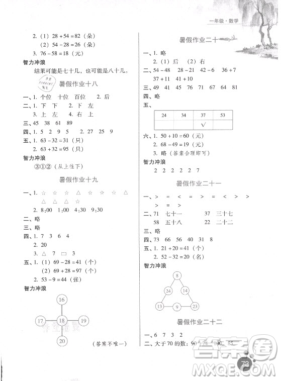 河北人民出版社2021暑假生活數(shù)學(xué)一年級(jí)冀教專(zhuān)版答案