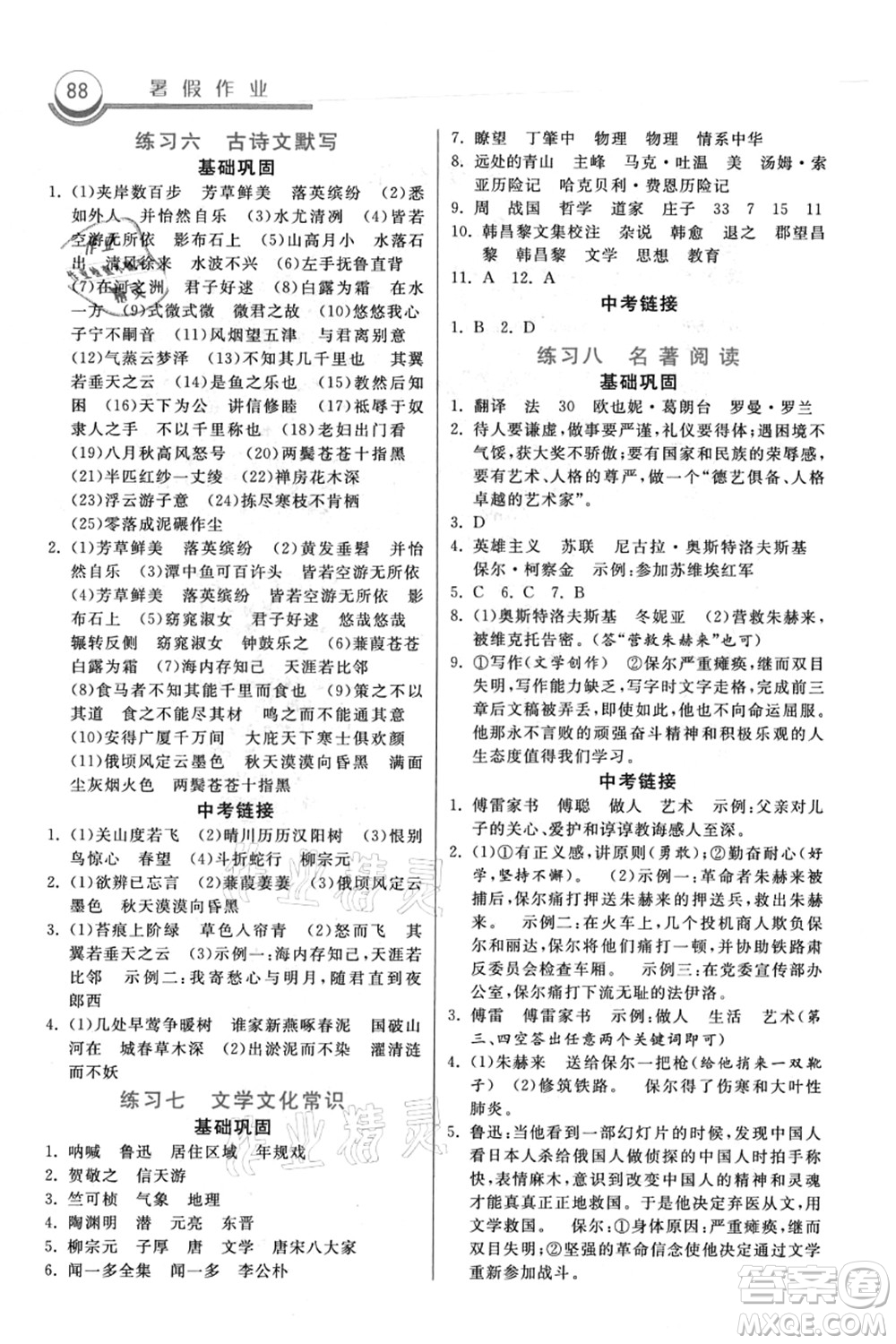 河北美術(shù)出版社2021暑假作業(yè)八年級(jí)語(yǔ)文答案