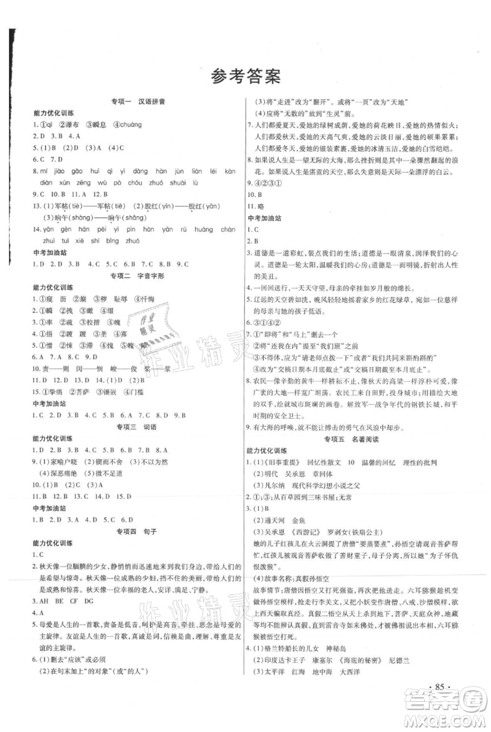 吉林教育出版社2021教材首選銜接教材年度復(fù)習(xí)七年級(jí)語(yǔ)文部編版參考答案