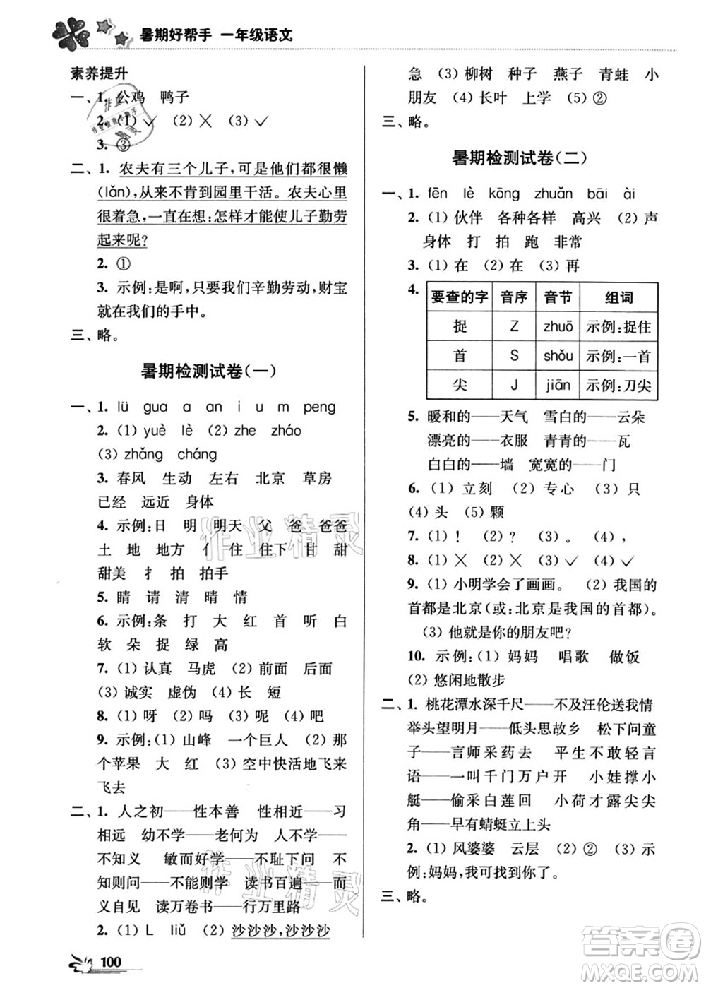 江蘇鳳凰美術(shù)出版社2021暑期好幫手一年級語文答案