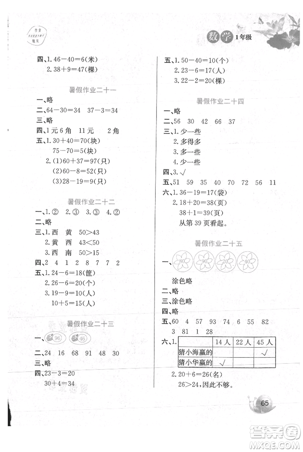 河北美術(shù)出版社2021暑假生活一年級(jí)數(shù)學(xué)冀教版參考答案