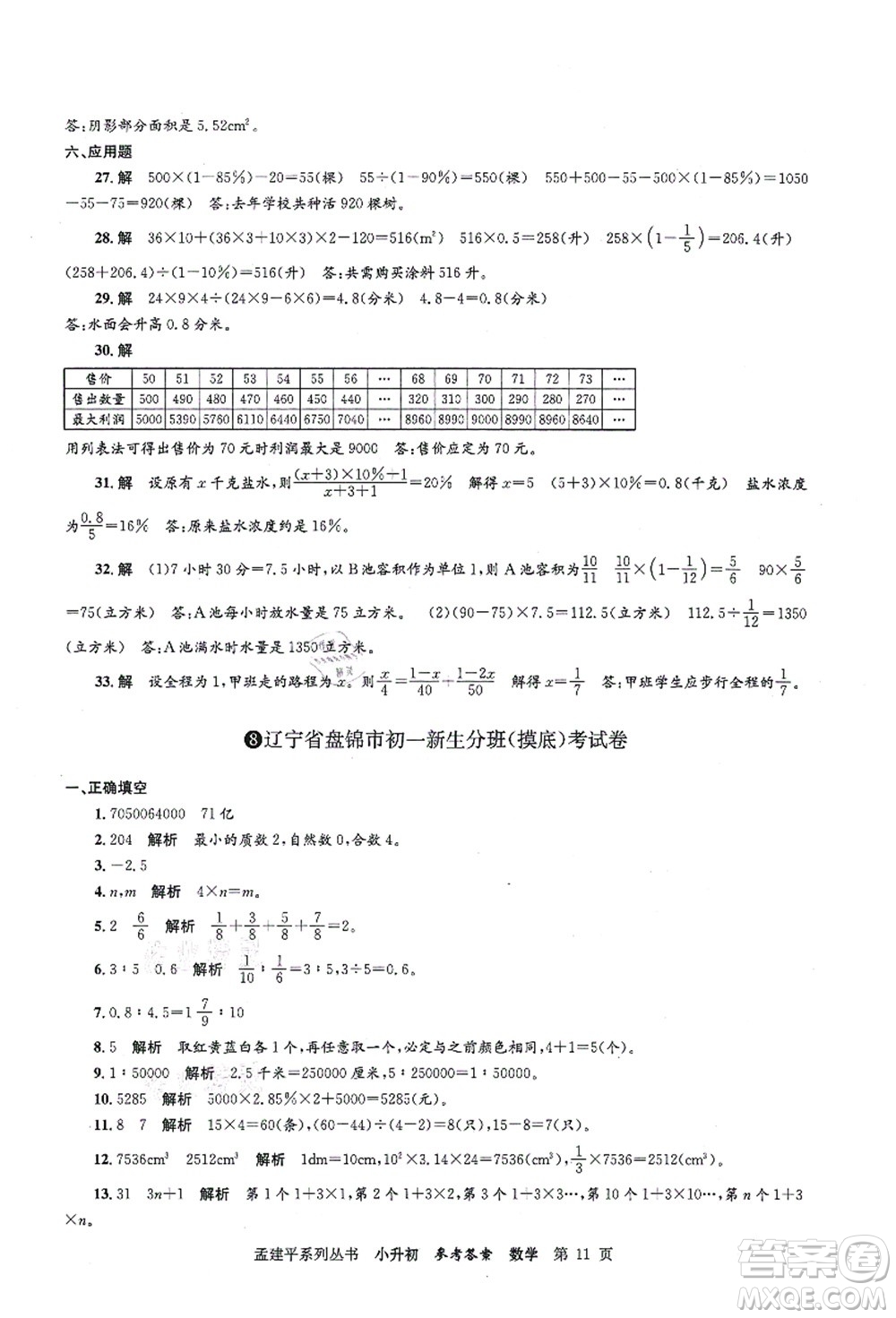 浙江工商大學(xué)出版社2021孟建平系列叢書(shū)小升初名校初一新生分班(摸底)考試卷數(shù)學(xué)答案