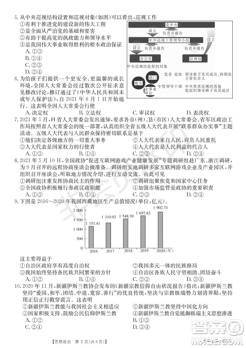 湖北省武漢大學(xué)附屬中學(xué)2021年秋高二開(kāi)學(xué)分班考試政治試題及答案