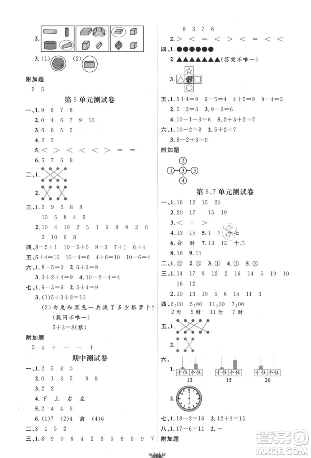 新疆青少年出版社2021秋原創(chuàng)新課堂一年級數(shù)學(xué)上冊RJ人教版答案