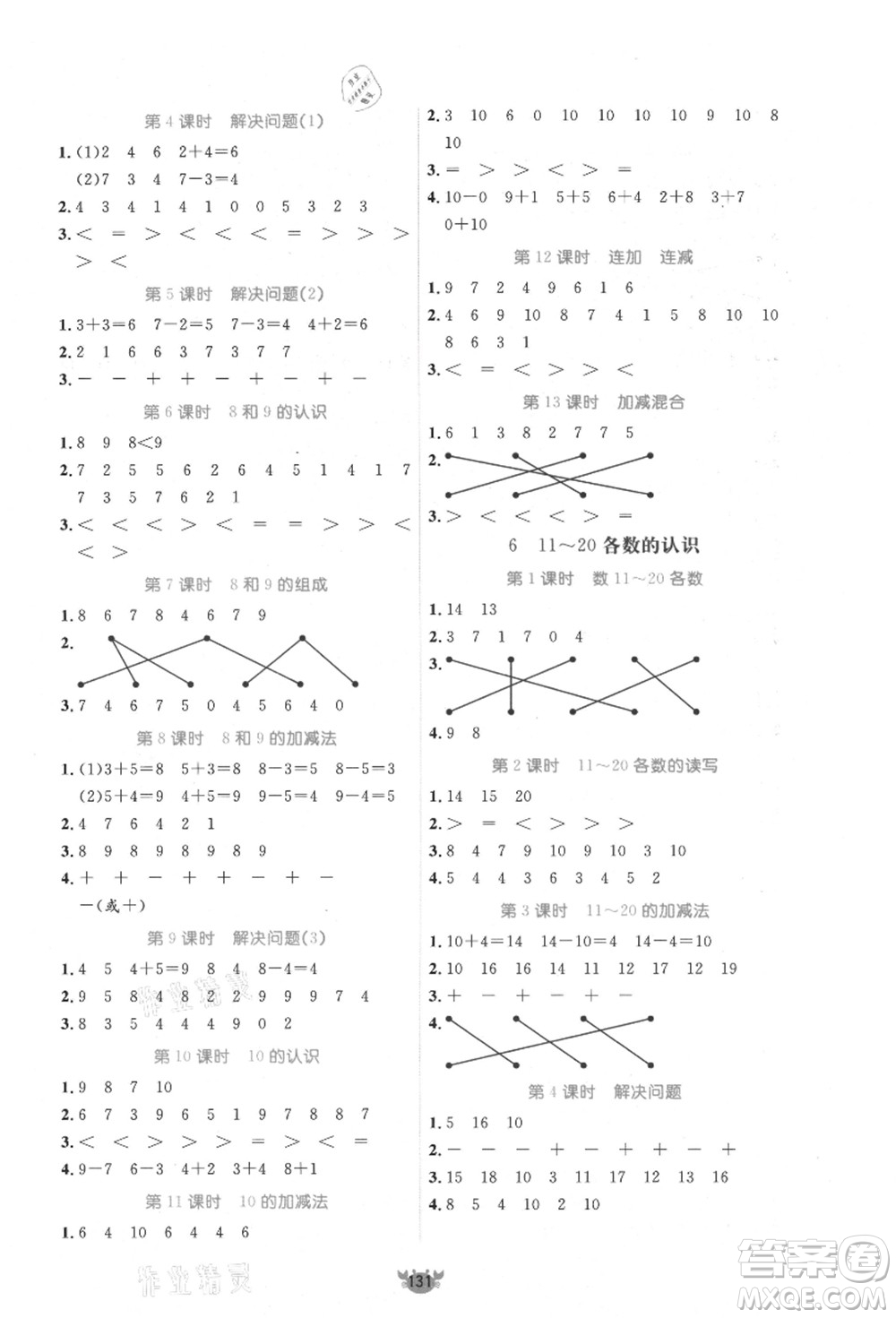 新疆青少年出版社2021秋原創(chuàng)新課堂一年級數(shù)學(xué)上冊RJ人教版答案