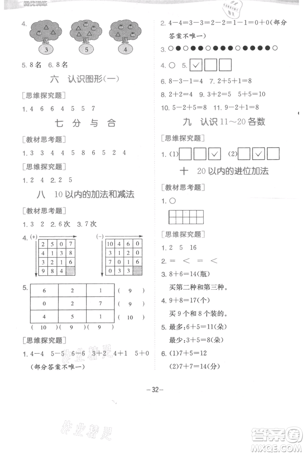 江蘇人民出版社2021實(shí)驗(yàn)班提優(yōu)訓(xùn)練一年級上冊數(shù)學(xué)蘇教版江蘇專版參考答案