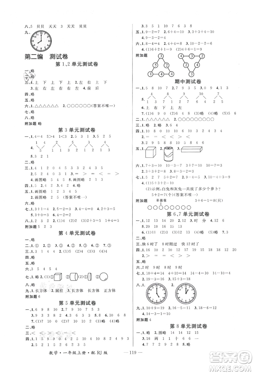 江西教育出版社2021秋季名師測控一年級數(shù)學上冊RJ人教版答案