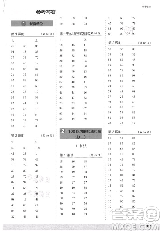 江蘇鳳凰少年兒童出版社2021口算小狀元口算速算天天練小學(xué)數(shù)學(xué)二年級(jí)上冊(cè)人教版答案