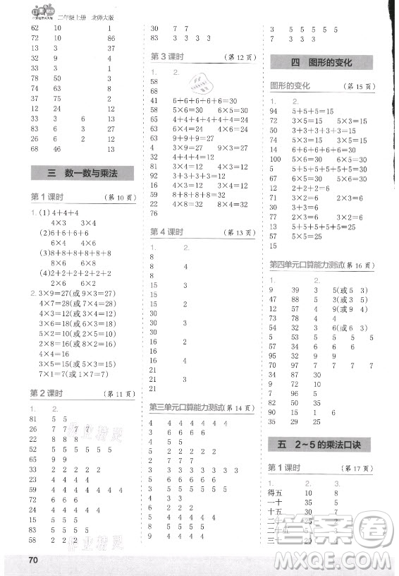 江蘇鳳凰少年兒童出版社2021口算小狀元口算速算天天練小學(xué)數(shù)學(xué)二年級上冊北師大版答案