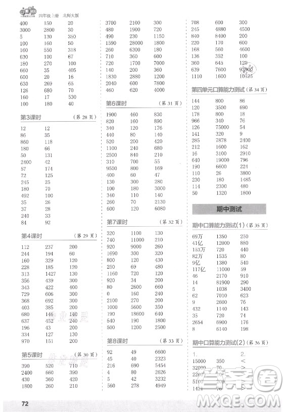 江蘇鳳凰少年兒童出版社2021口算小狀元口算速算天天練小學(xué)數(shù)學(xué)四年級(jí)上冊(cè)北師大版答案