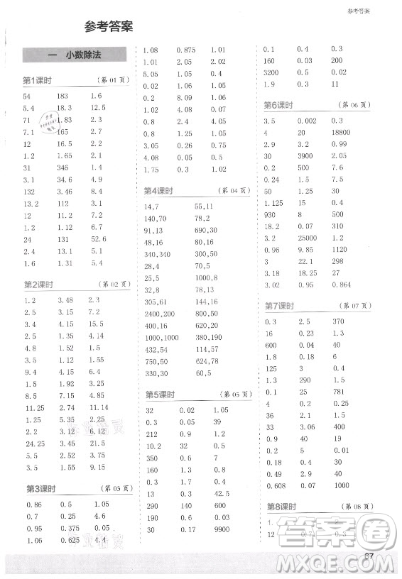 江蘇鳳凰少年兒童出版社2021口算小狀元口算速算天天練小學(xué)數(shù)學(xué)五年級(jí)上冊(cè)北師大版答案