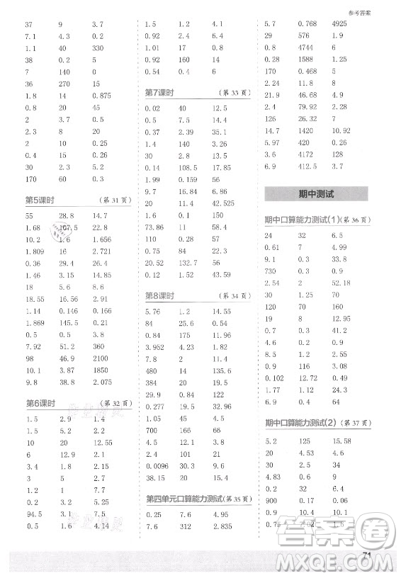 江蘇鳳凰少年兒童出版社2021口算小狀元口算速算天天練小學(xué)數(shù)學(xué)五年級(jí)上冊(cè)北師大版答案