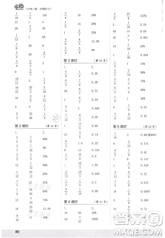 江蘇鳳凰少年兒童出版社2021口算小狀元口算速算天天練小學(xué)數(shù)學(xué)六年級上冊人教版答案