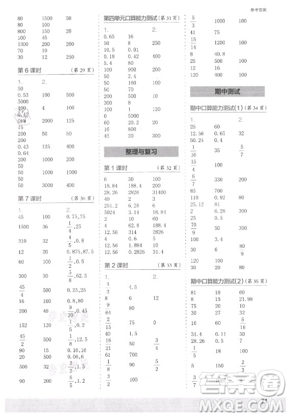 江蘇鳳凰少年兒童出版社2021口算小狀元口算速算天天練小學(xué)數(shù)學(xué)六年級(jí)上冊(cè)北師大版答案