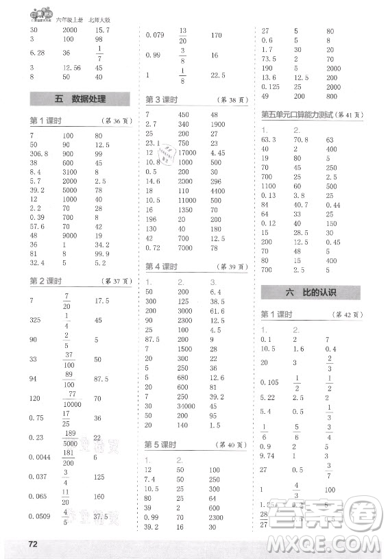 江蘇鳳凰少年兒童出版社2021口算小狀元口算速算天天練小學(xué)數(shù)學(xué)六年級(jí)上冊(cè)北師大版答案