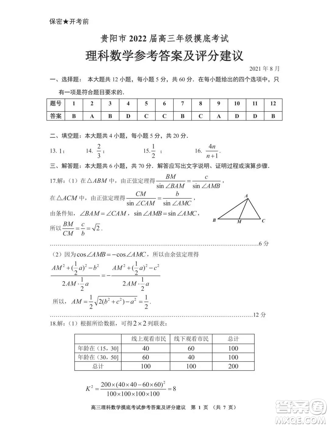 貴陽市2022屆高三年級(jí)摸底考試?yán)砜茢?shù)學(xué)答案