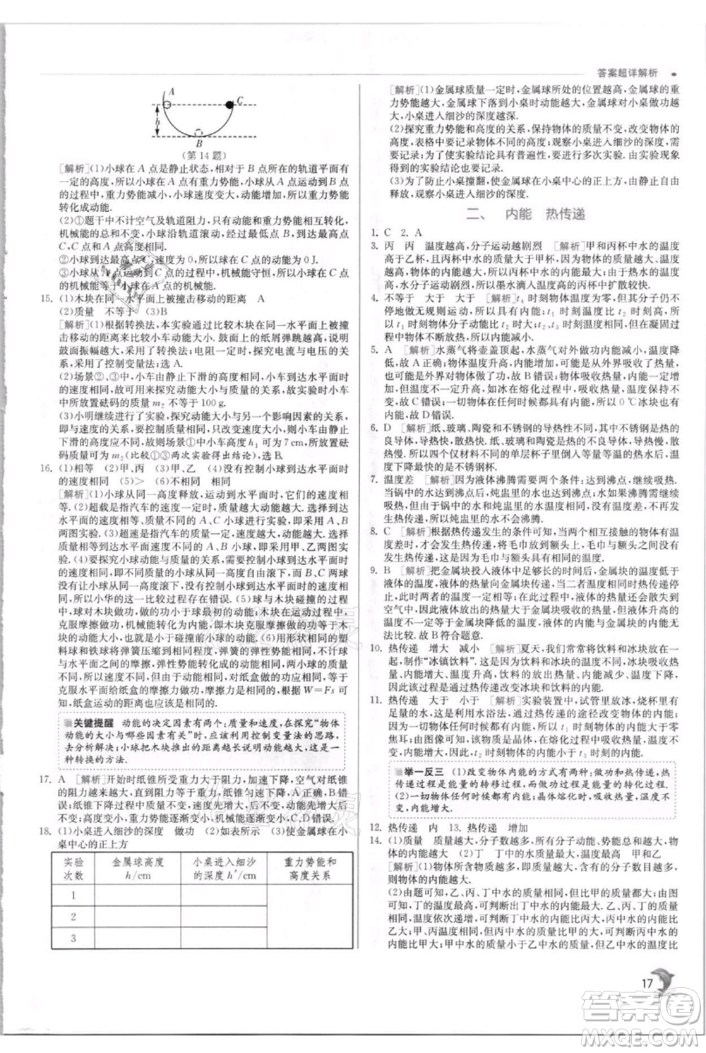 江蘇人民出版社2021實驗班提優(yōu)訓(xùn)練九年級上冊物理蘇科版江蘇專版參考答案