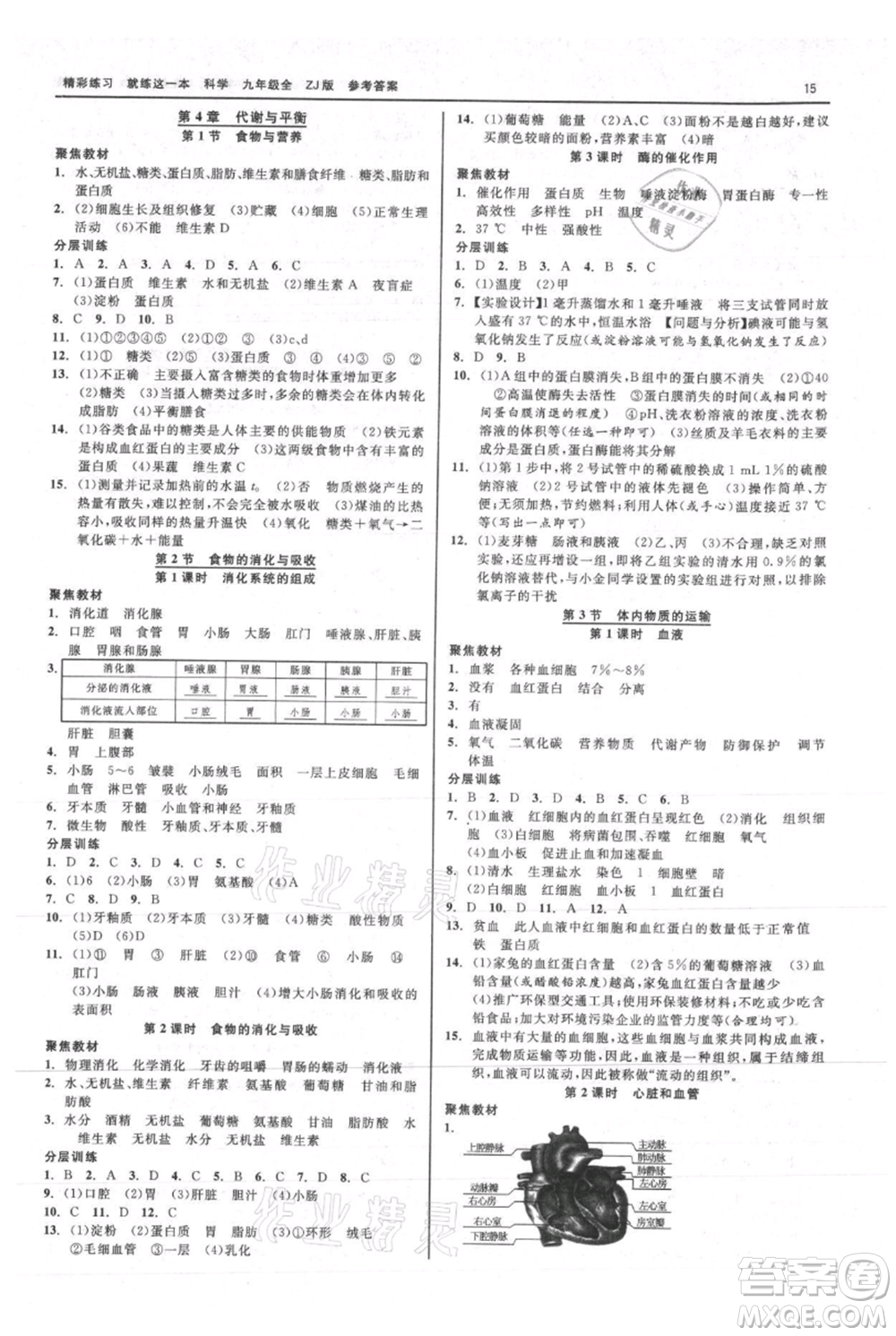 浙江工商大學出版社2021精彩練習就練這一本九年級科學浙教版參考答案