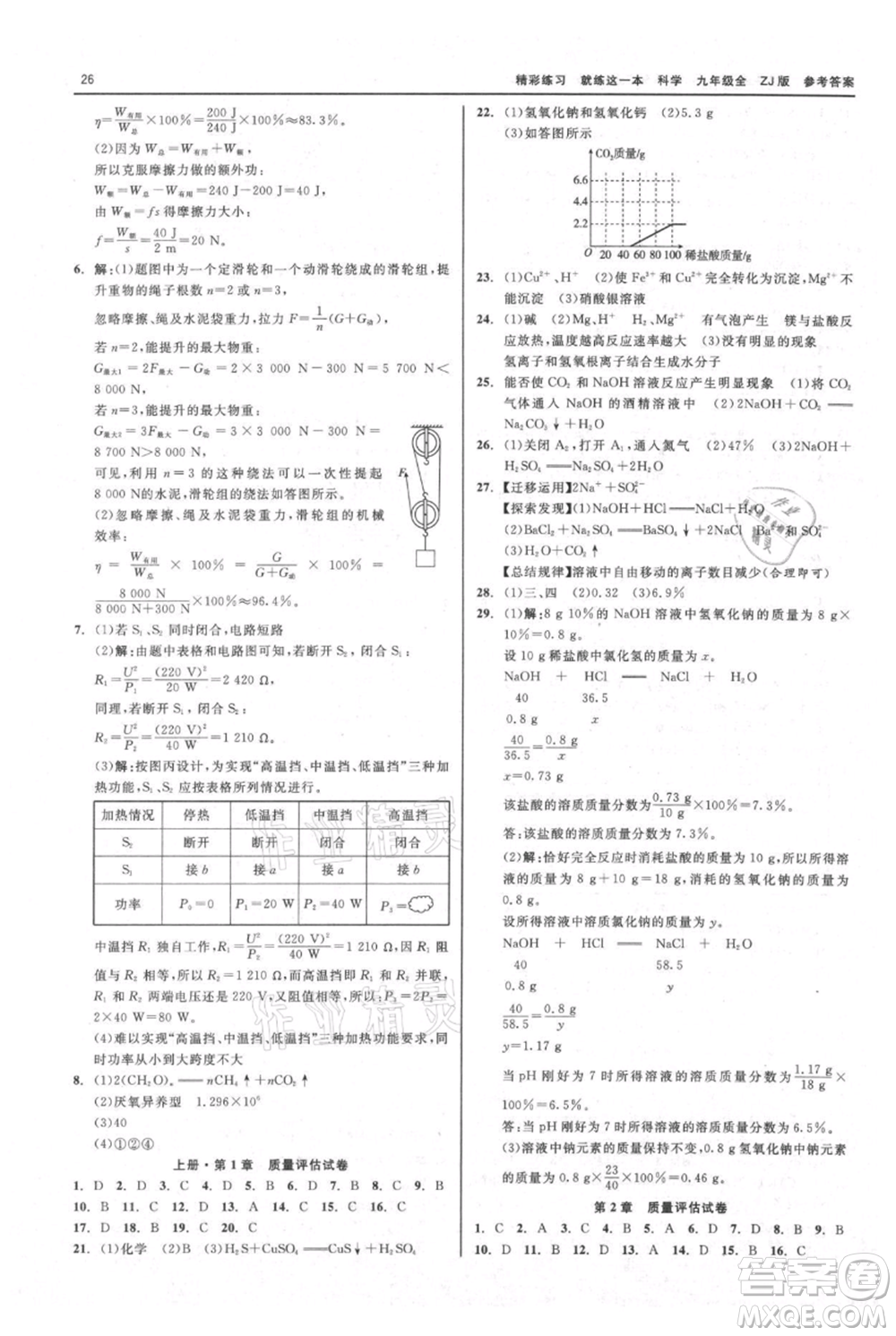 浙江工商大學出版社2021精彩練習就練這一本九年級科學浙教版參考答案