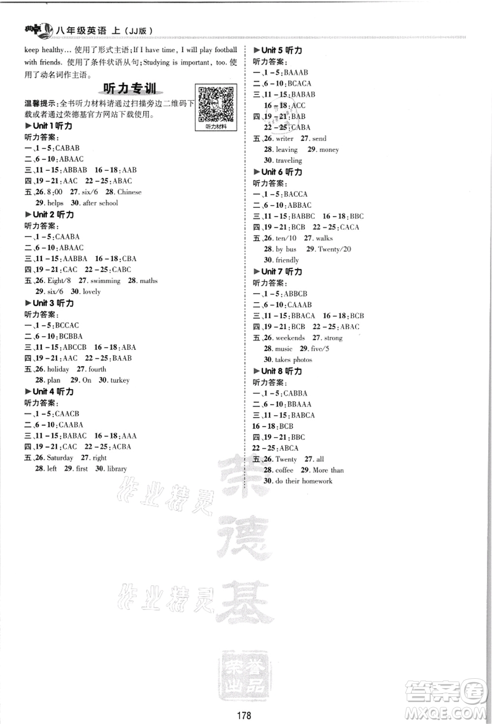 陜西人民教育出版社2021典中點綜合應用創(chuàng)新題八年級英語上冊JJ冀教版答案