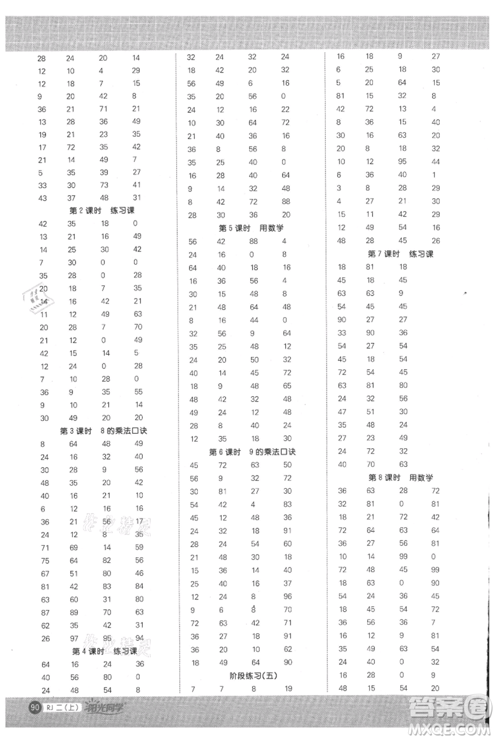 江西教育出版社2021陽光同學計算小達人二年級上冊人教版參考答案