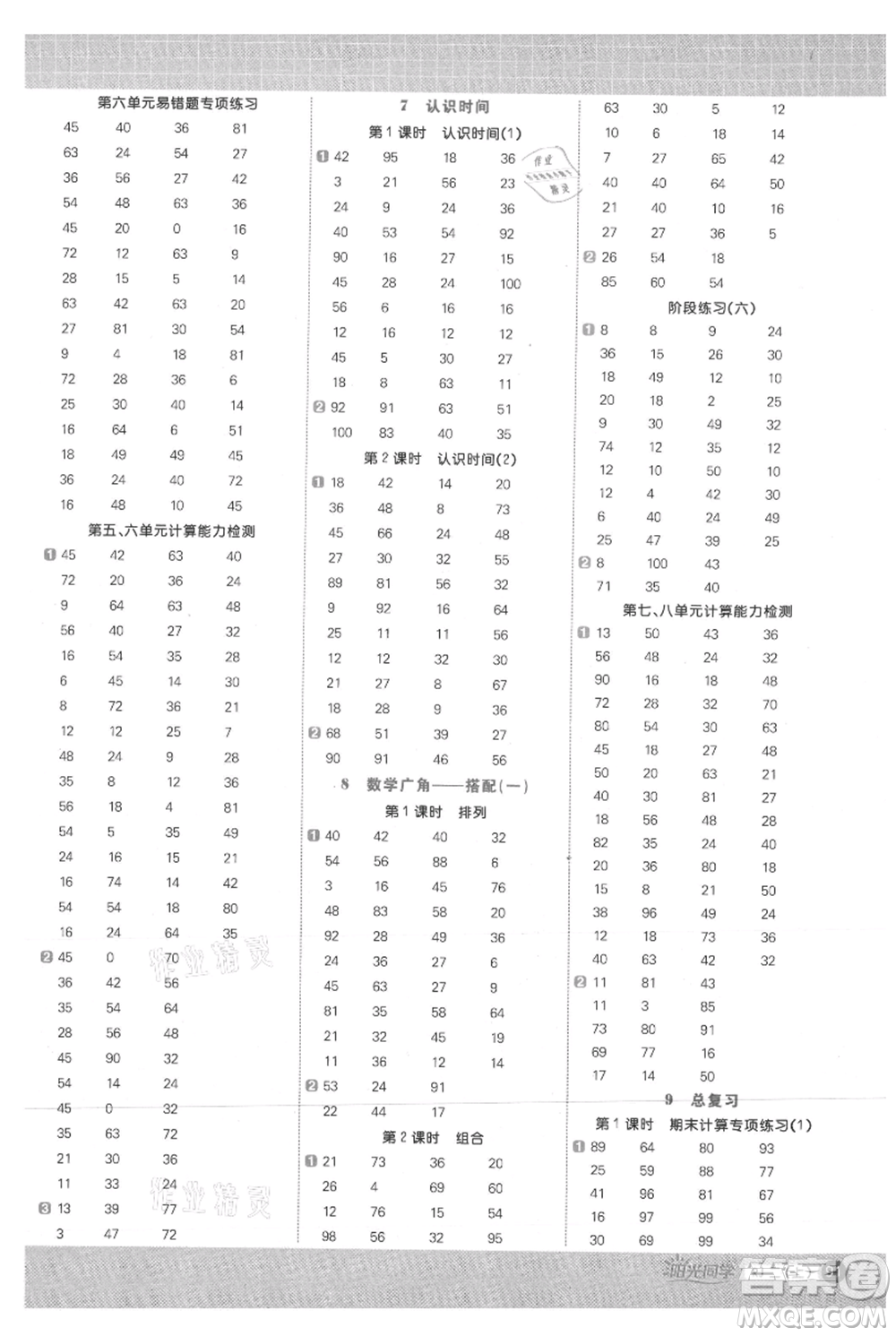 江西教育出版社2021陽光同學計算小達人二年級上冊人教版參考答案