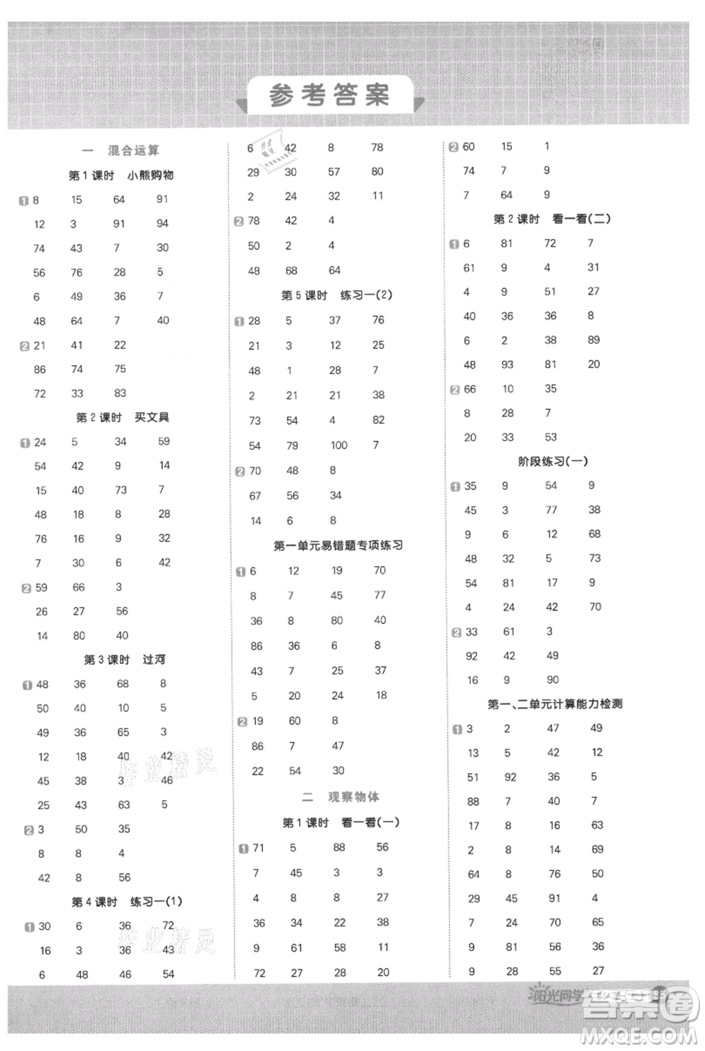 江西教育出版社2021陽光同學(xué)計算小達人三年級上冊北師大版參考答案