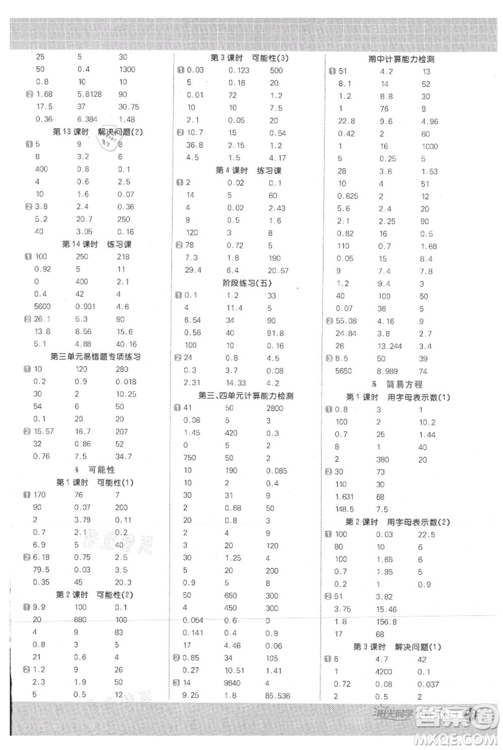 江西教育出版社2021陽光同學(xué)計(jì)算小達(dá)人五年級(jí)上冊人教版參考答案