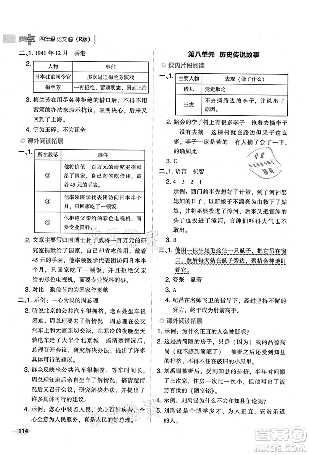 吉林教育出版社2021典中點(diǎn)綜合應(yīng)用創(chuàng)新題四年級語文上冊R人教版山西專版答案