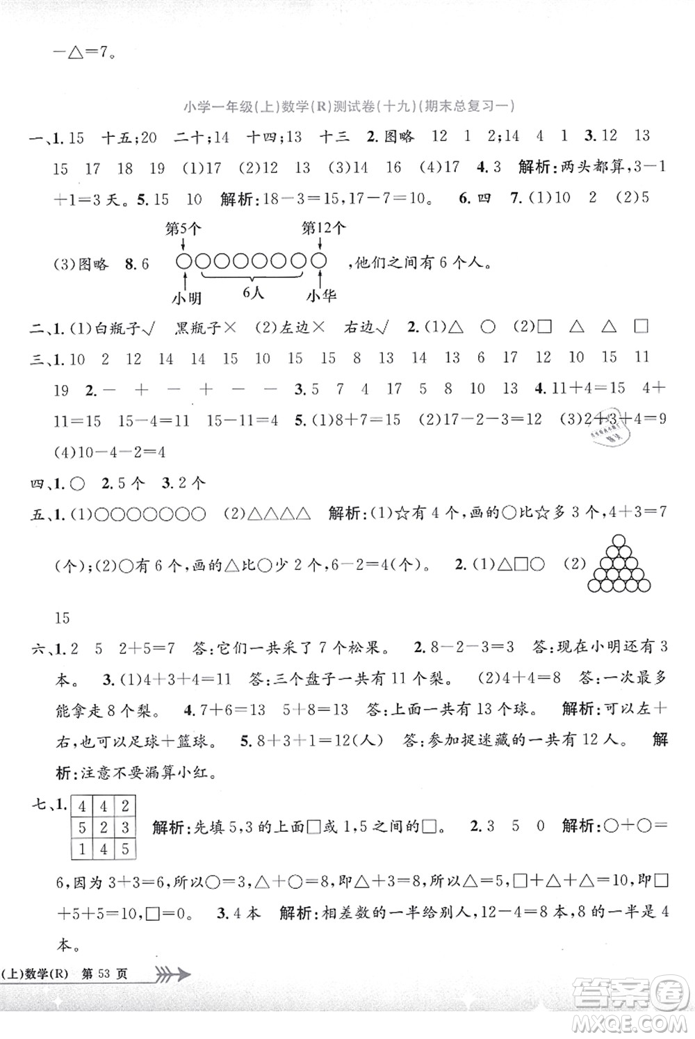 浙江工商大學(xué)出版社2021孟建平系列叢書小學(xué)單元測(cè)試一年級(jí)數(shù)學(xué)上冊(cè)R人教版答案