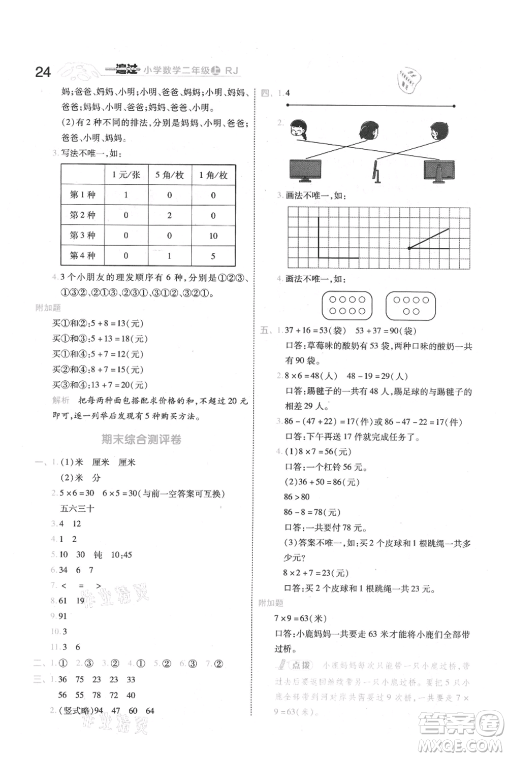 南京師范大學出版社2021一遍過二年級上冊數(shù)學人教版參考答案