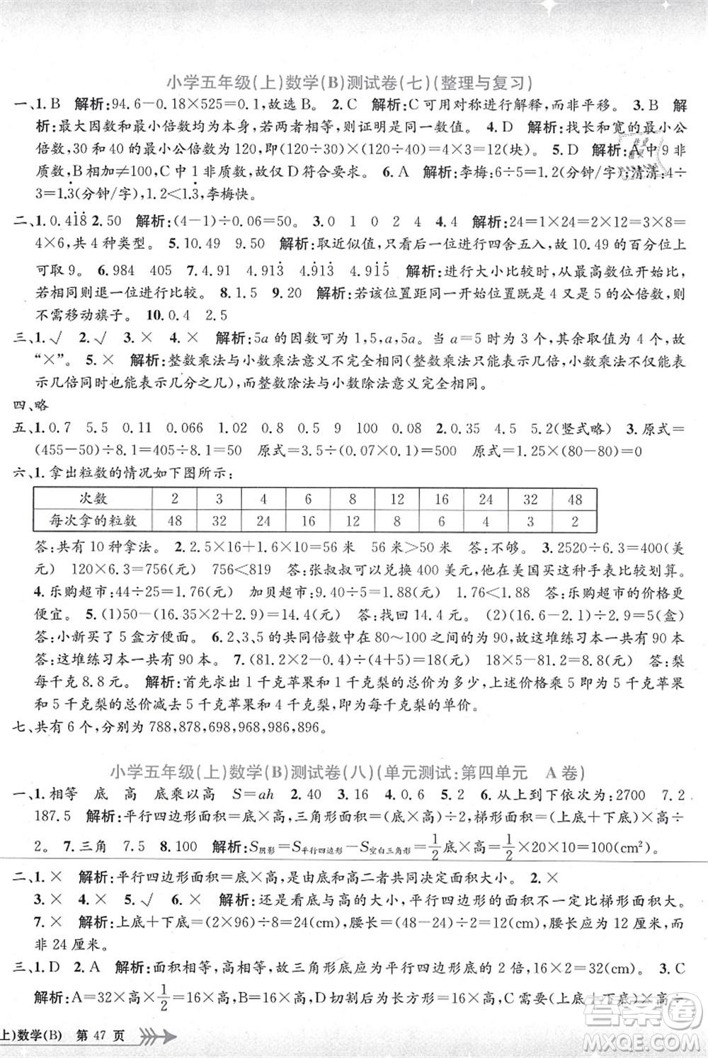 浙江工商大學(xué)出版社2021孟建平系列叢書小學(xué)單元測試五年級數(shù)學(xué)上冊B北師大版答案