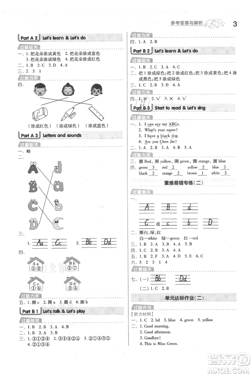 南京師范大學(xué)出版社2021一遍過(guò)三年級(jí)上冊(cè)英語(yǔ)人教版參考答案