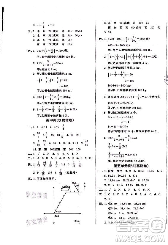 西安出版社2021秋季53全優(yōu)卷小學數(shù)學六年級上冊RJ人教版答案